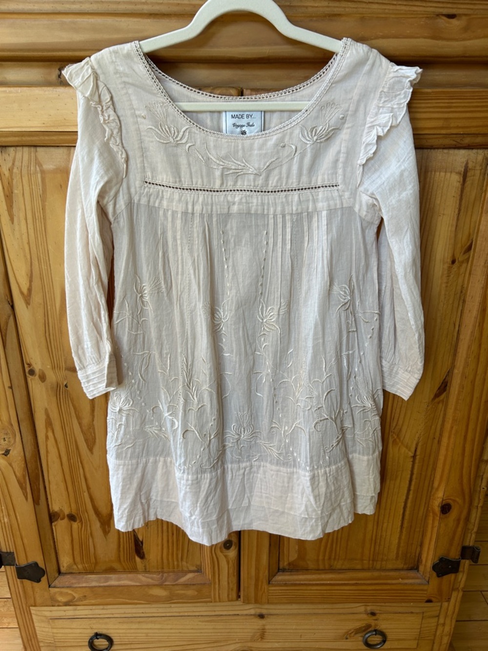 Made by Voyage Inde Dress Cream Embroidered Peasant Tunic Cotton Large